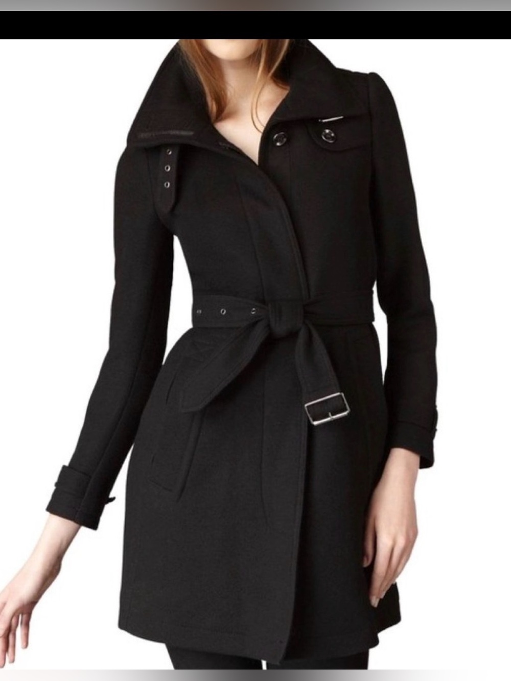 Burberry Black Wool Belted Pea Coat